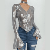 Glitter v neck long flared sleeve choker button top