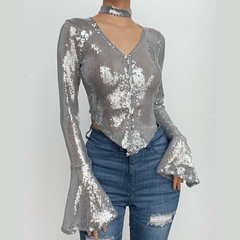 Glitter v neck long flared sleeve choker button top