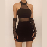 Solid mesh gloves button halter backless mini dress