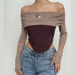Star applique off shoulder long sleeve patchwork contrast top
