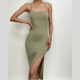 Cross back solid slit backless sleeveless midi dress