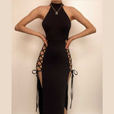 Sleeveless solid hollow out slit lace up midi dress