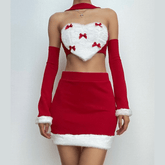 Bowknot fluffy halter gloves contrast mini skirt set