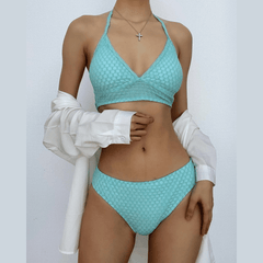 Halter padded textured solid self tie bikini swimwear