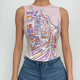 Sleeveless crewneck abstract contrast top