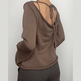 Knitted flared sleeve solid self tie backless top