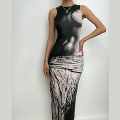 Contrast print sleeveless crewneck slit midi dress