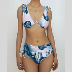 Contrast self tie v neck button bikini swimwear