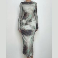 Long sleeve crewneck tie dye mesh gloves contrast midi dress