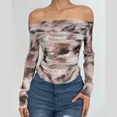 Tie dye contrast mesh ruched off shoulder long sleeve top