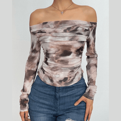 Tie dye contrast mesh ruched off shoulder long sleeve top