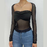 Ruched lace hem solid long sleeve mesh crop top