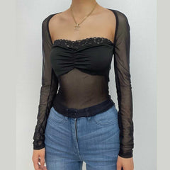 Ruched lace hem solid long sleeve mesh crop top