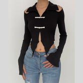 Textured button off shoulder turnover collar long sleeve crop top