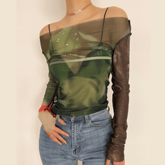Long sleeve off shoulder sheer mesh see through print top