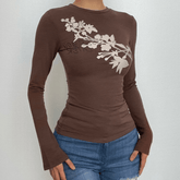 Flower print crewneck long sleeve contrast top