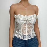 Lace flower applique button patchwork corset backless tube top - Final Sale