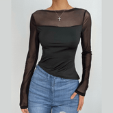 Mesh patchwork irregular solid long sleeve top