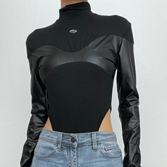 Patchwork high neck long sleeve PU leather bodysuit