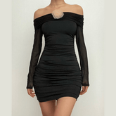 Flower applique mesh ruched off shoulder long sleeve mini dress