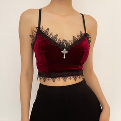 Velvet eyelash lace hem cross applique V neck crop top