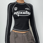 Stitch long sleeve "ROCKMORE" pattern crewneck contrast top