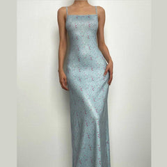 Flower print square neck contrast backless cami maxi dress