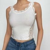 Lace sleeveless u neck patchwork solid crop top