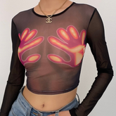 Long sleeve thermal palm print sheer mesh see through crop top