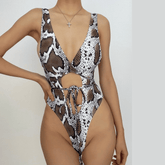 Mesh snakeskin self tie one piece swimwear with beach skirt