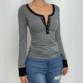 Button contrast stitch long sleeve v neck top