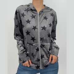 Contrast star pattern long sleeve hoodie pocket zip-up coat - Final Sale