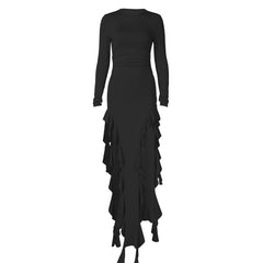 Long sleeve crewneck ruffle slit solid ruched maxi dress