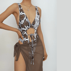 Mesh snakeskin self tie one piece swimwear with beach skirt