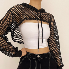 Fishnet hollow out solid long sleeve hoodie shrug top