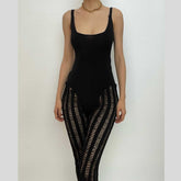 Crochet solid sleeveless hollow out backless low cut jumpsuit