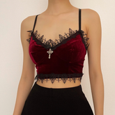 Velvet eyelash lace hem cross applique V neck crop top