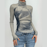 Turtle neck contrast print long sleeve sheer mesh top