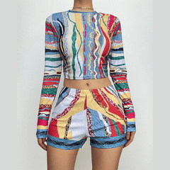 Contrast print crewneck long sleeve pant set