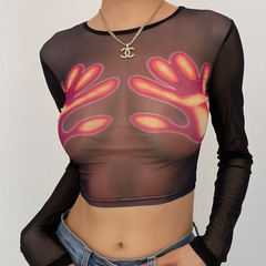 Long sleeve thermal palm print sheer mesh see through crop top