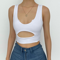 Double layered U neck low cut hollow out solid crop top