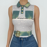 Letter print patchwork turnover collar buckle crop top
