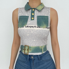 Letter print patchwork turnover collar buckle crop top