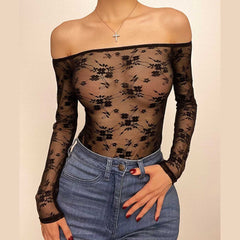 Lace see through off shoulder long sleeve bodysuit