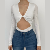 Long sleeve solid v neck hollow out knotted bodysuit