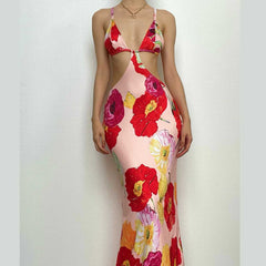 Hollow out v neck backless self tie flower print maxi dress