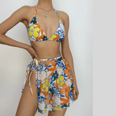 Flower pattern contrast self tie 3 piece swimwear