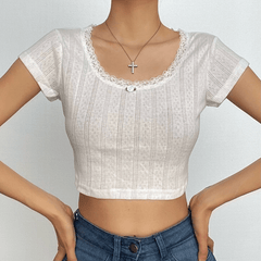 Textured short sleeve lace hem solid crop top