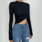Stitch bowknot irregular solid crewneck long sleeve crop top