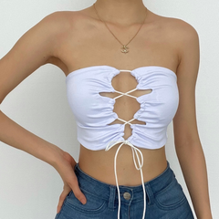 Double layered hollow out self tie backless solid lace up halter top